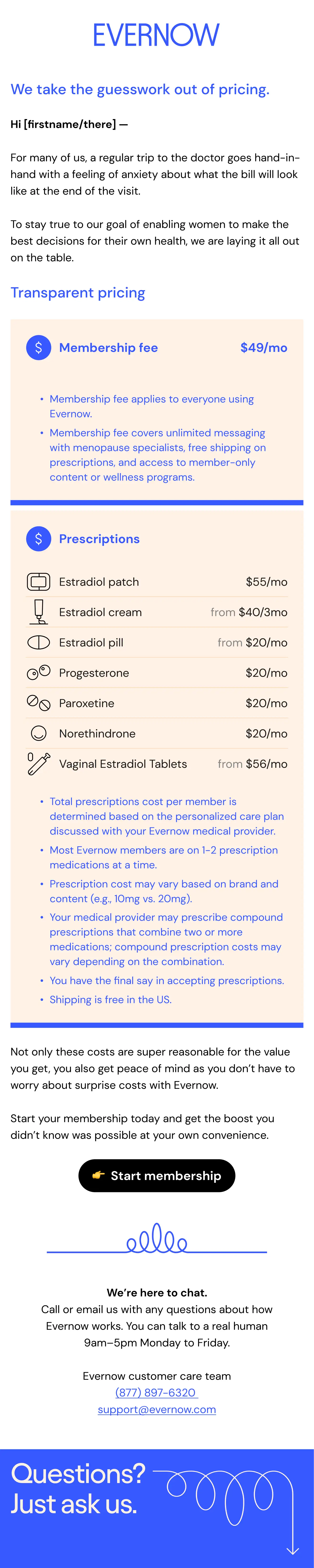 Email design outlining membership fee vs. each prescription costs