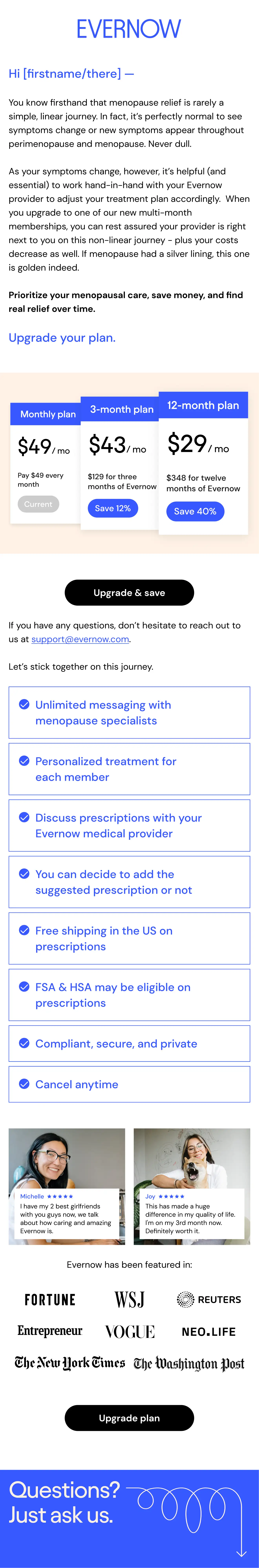 Email design comparing 3 pricing plans: $49/mo monthly plan, $43/mo 3-month plan, and $29/mo 12-month plan'