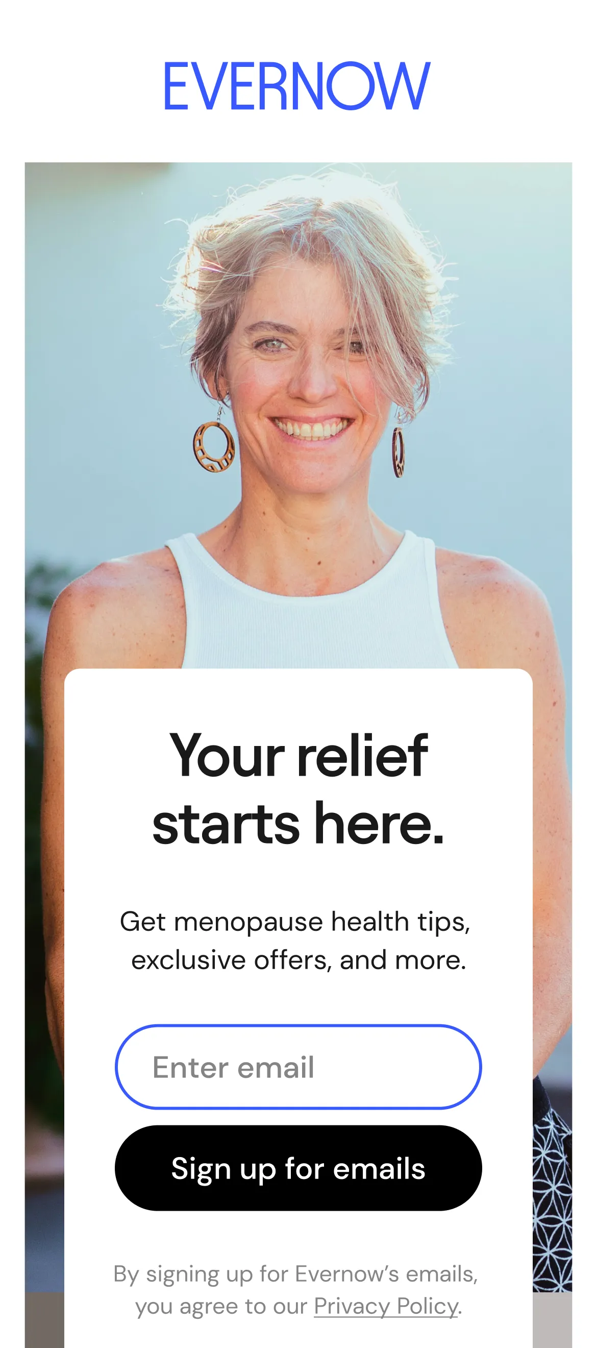 Email opt-in mobile webpage that says 'Your relief starts here'