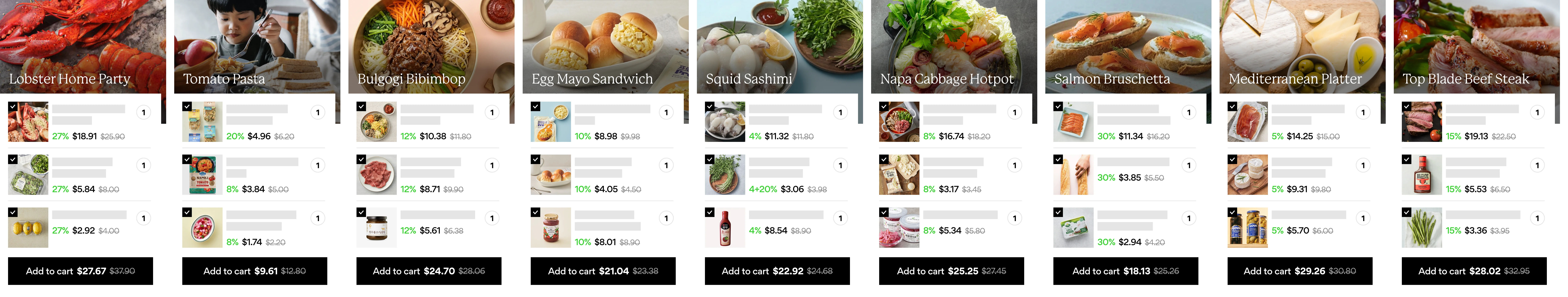 Menu-based item bundles: Lobster home party, Tomato pasta, Bulgogi bibimbop, Egg mayo sandwich, Squid sashimi, Napa cabbage hotpot, Salmon bruschetta, Mediterranean Platter, Top blade beef steak