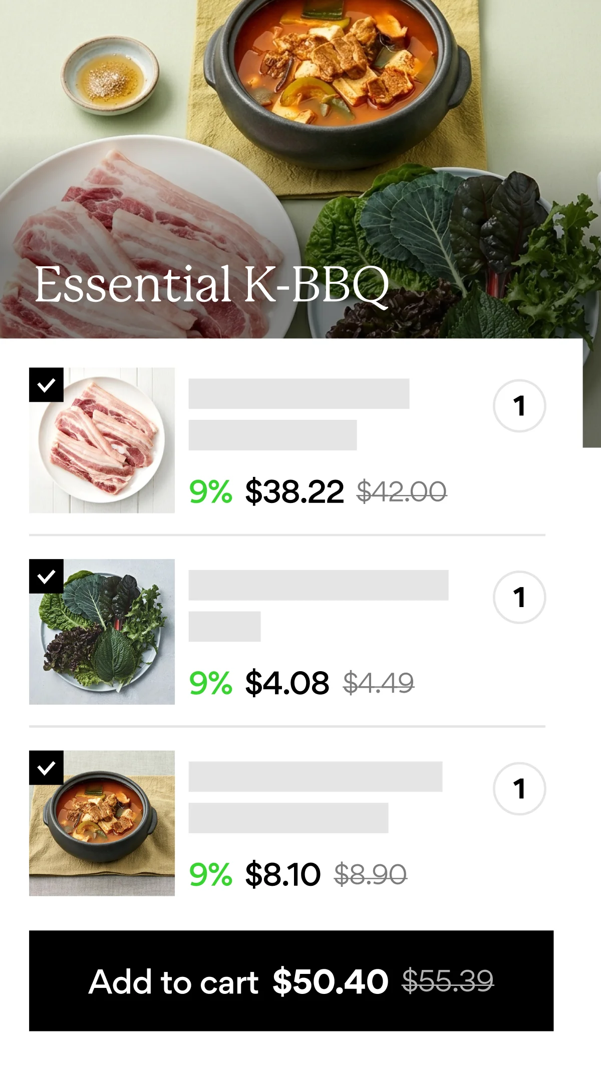 Menu bundle: Essential K-BBQ (3 items, 1 in cart each)
