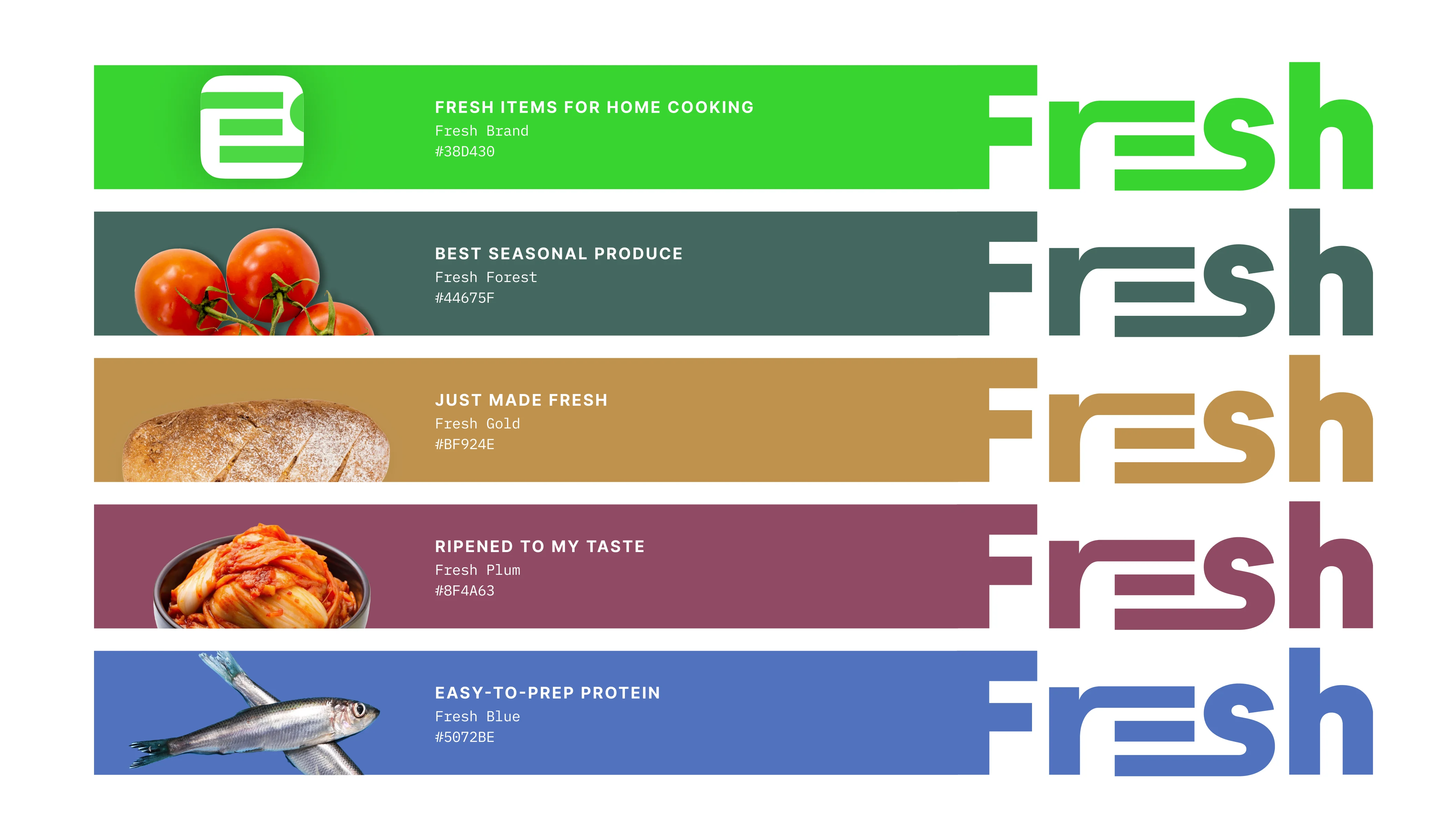 Fresh color scheme: Brand Green, Forest (Best seasonal produce), Gold (Just made fresh), Plum (Ripened to my taste), Blue (Easy-to-prep protein)