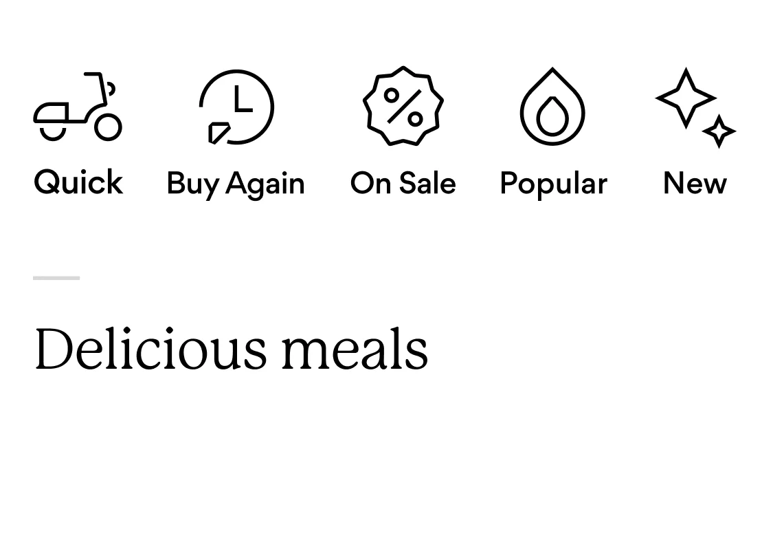 Icons: Quick, Buy Again, On Sale, Popular, New