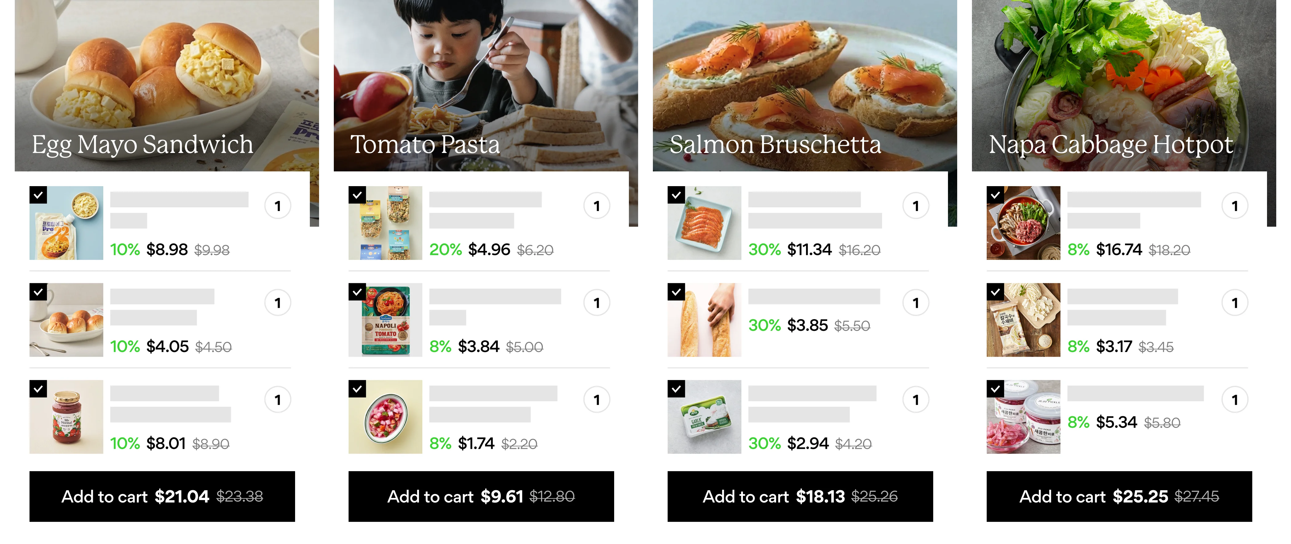 Egg Mayo Sandwich, Tomato Pasta, Salmon Bruschetta, Napa Cabbage Hotpot