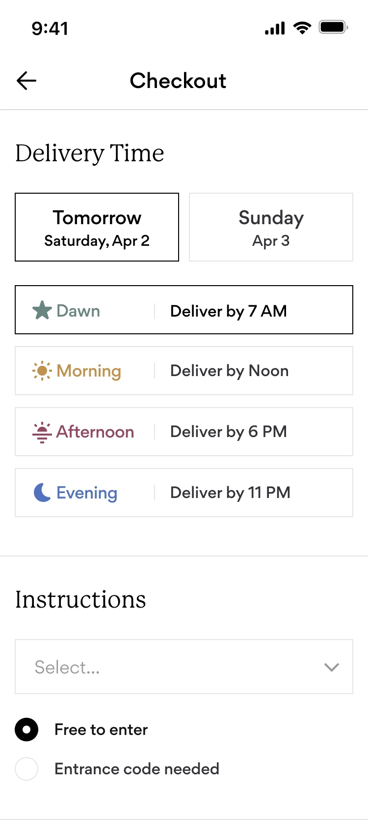 Delivery Times: Dawn, Morning, Afternoon, Evening